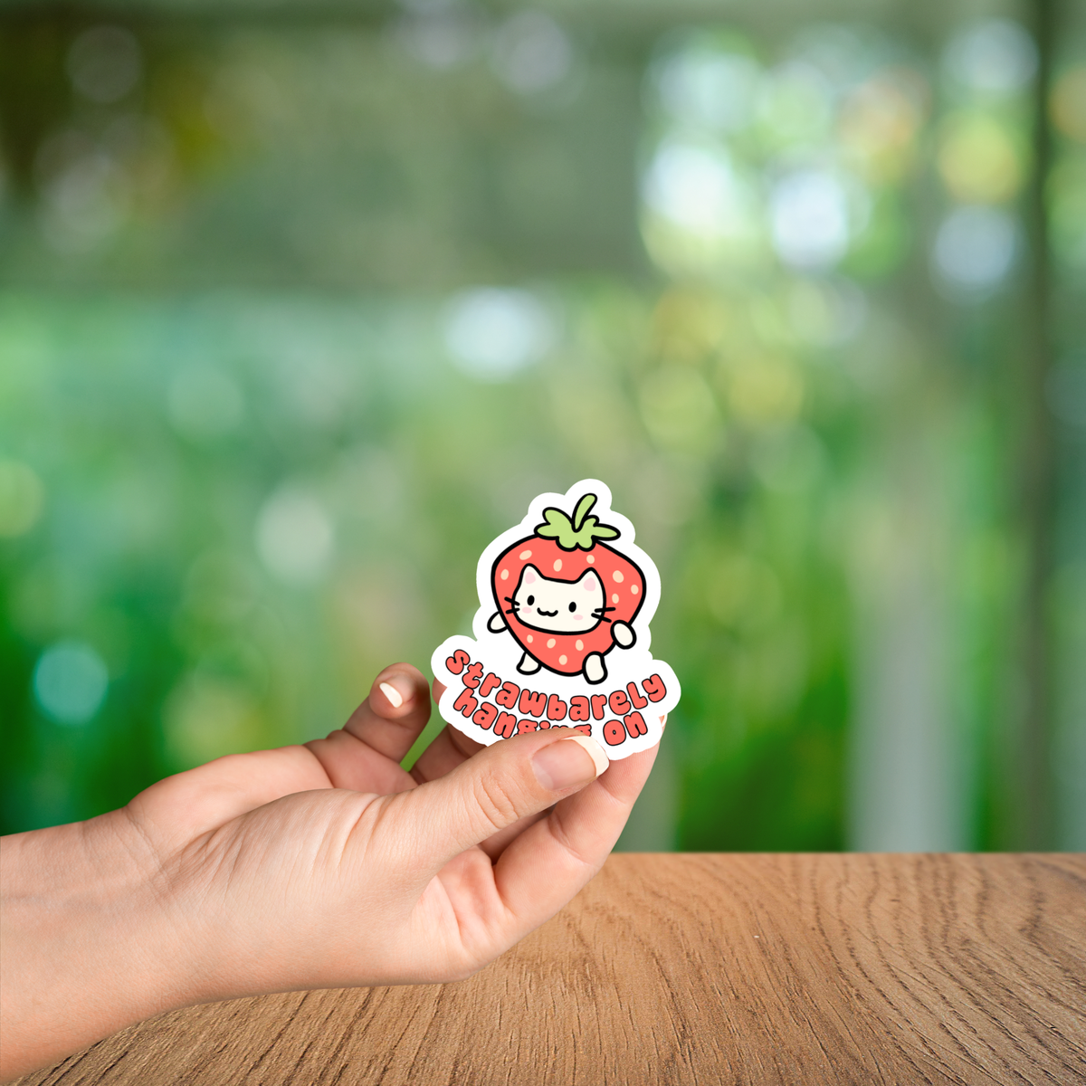 Strawbarely Hanging On Glossy Sticker