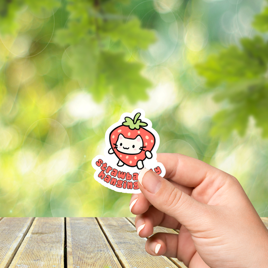 Strawbarely Hanging On Glossy Sticker